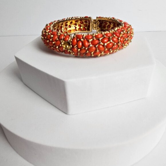 Kenneth Jay Lane Style Coral Red Orange Cabochon Hinged Heavy Bangle Bracelet - Picture 11 of 16
